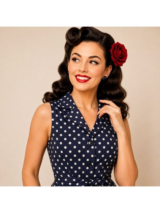 Mlle Gabrielle Dresses & Skirts - Vintage Navy Polka Dot Womens Sz L Shirt Dress Rockabilly Pin Up